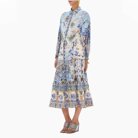 NWT Camilla Floral Silk Tiered Midi Shirtdress Size XS crystals blue - Picture 9 of 15